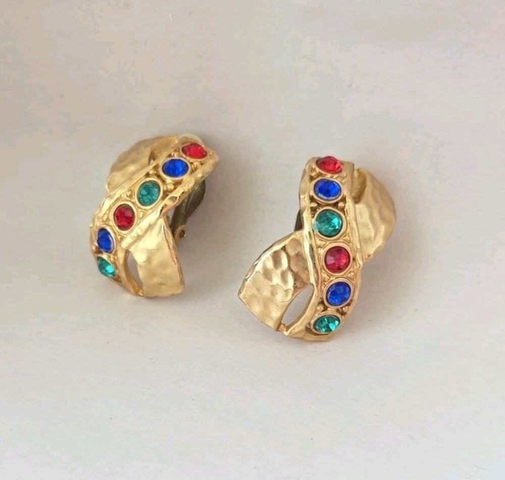 Vintage Cabochon Colorful Clip-on Earrings Jeweltone old money Style Bow Ribbon